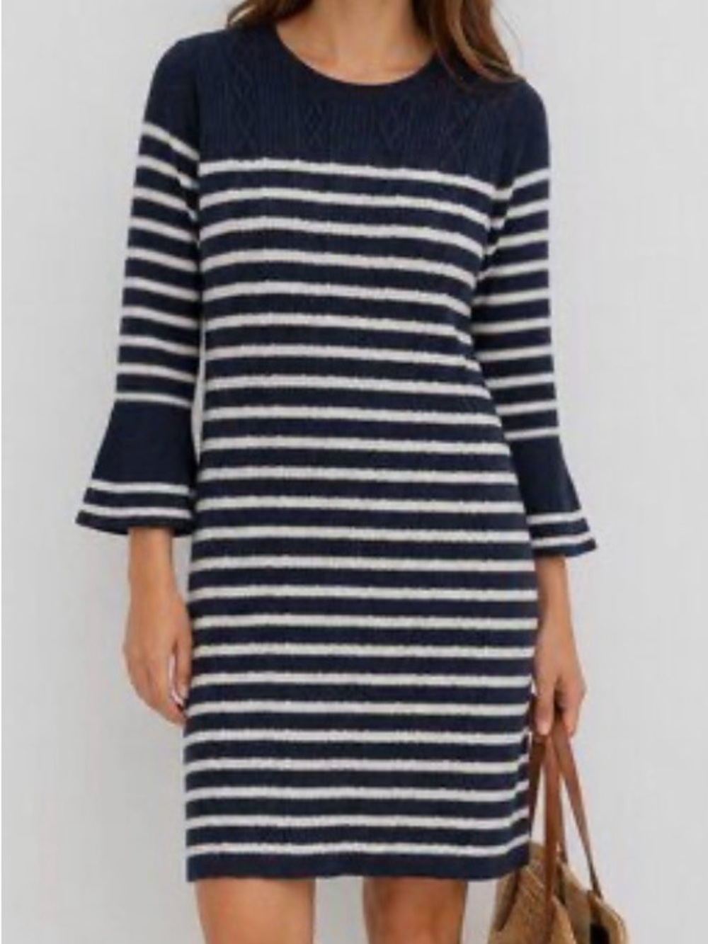 Talbots Navy Blue and Ivory Cable Knit Striped Sweater Dress Wool Blend XL